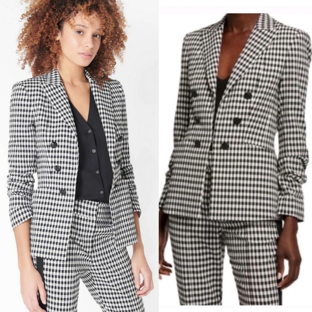Veronica Beard Cottage Double Breasted Blazer Gingham Size 8 Black White Jacket